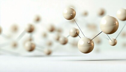 A close-up, abstract 3D render of a molecular structure with interconnected beige spheres and thin black lines, set against a soft, blurred white background wit