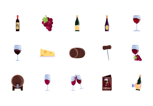 Colorful Wine Day Grapes Barrel Drink Traditional Illustrations Set