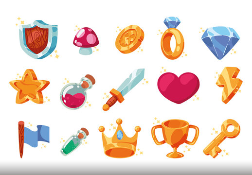 Colorful Game Magic Treasure Reward Fantasy Icons Set