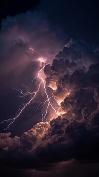Electric lightning storm illuminating dark sky with vibrant bolts and billowing clouds during night sky viewing