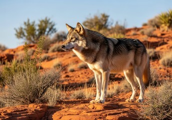 Wolf standing on red rocks in a desert landscape under a clear sky