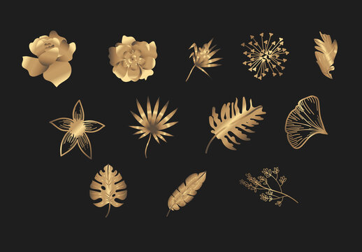 Gold Metallic Botanical Floral Leaves Plants Icons Set