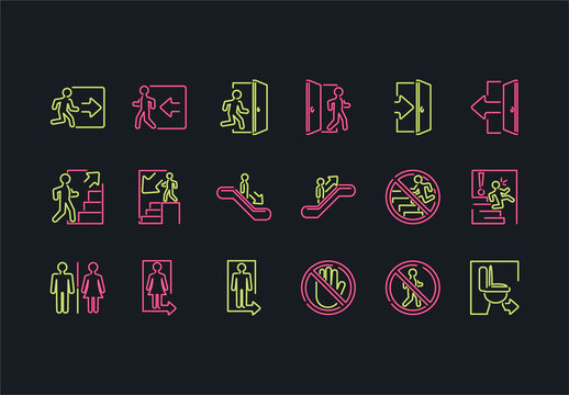 Green And Pink Emergency Exit Safety Direction Signage Icons Set
