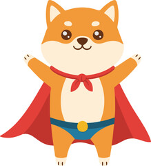 A cute flat vector illustration of a happy Shiba Inu dog dressed as a superhero, wearing a flowing red cape and blue trunks, standing in a heroic pose