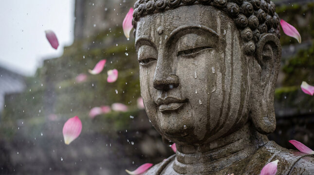 Serene stone buddha statue with closed eyes, adorned with falling pink flower petals and water droplets - Powered by Adobe