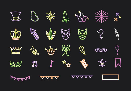 Multicolor Neon Carnival Festival Celebration Icons Set