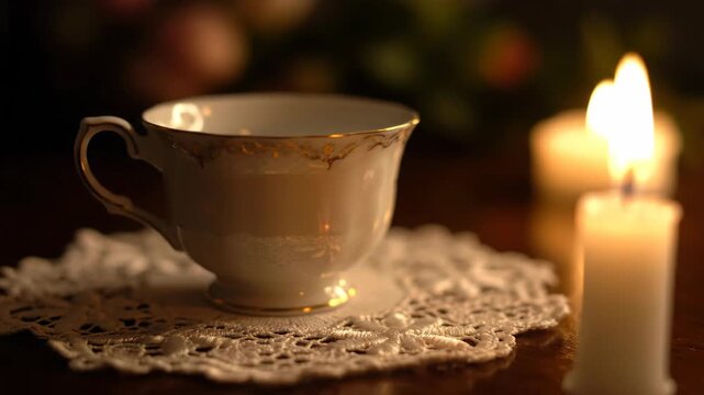 Evening scene with teacup and candles providing warm ambient light