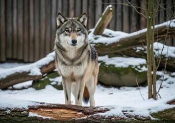 A wolf stands in the snow looking directly at the camera in winter time