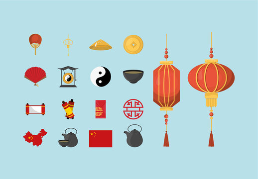 Colorful Chinese Cultural Asian Culture Illustrations Set