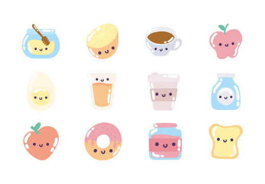 Colorful Breakfast Food Kawaii Cute Illustrations Set