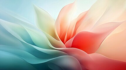 An abstract, organic form resembling a blooming flower with flowing, translucent petals in pastel shades of blue, green, yellow, and red. Soft, gradient lightin