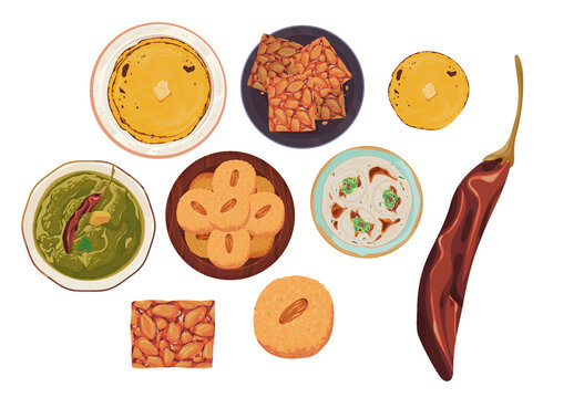 Colorful Lohri Festival Indian Punjabi Food Illustrations Set