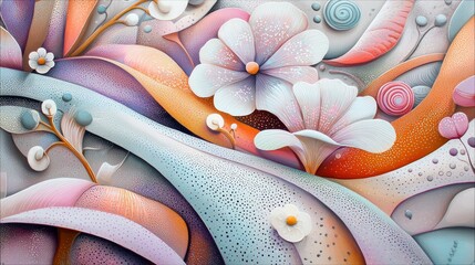 An abstract composition featuring stylized floral elements and flowing organic shapes in a soft pastel color palette, with subtle lighting.
