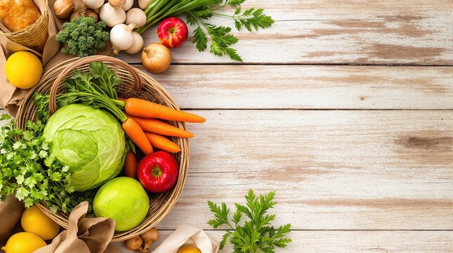 Vegetable and fruit selection on a rustic wooden table - Powered by Adobe