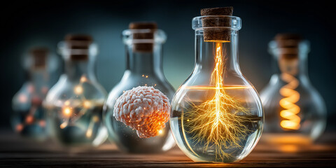 Collection of glass bottles contains glowing elements, including brain and lightning bolt, symbolizing scientific innovation and creativity. scene is vibrant and imaginative