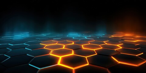 Obraz premium Abstract Geometric Hexagonal Pattern with Glowing Orange and Blue Lights in Dark Background