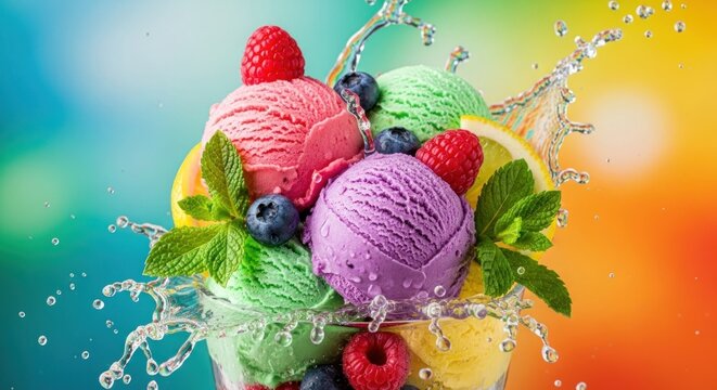 A colorful ice cream sundae with fresh berries and mint leaves.