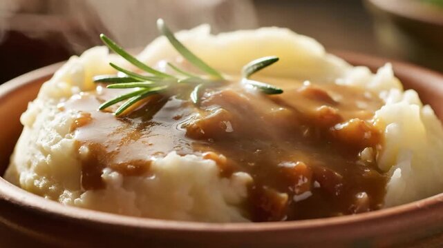 Close-up of mashed potatoes with gravy in a rustic ceramic bowl