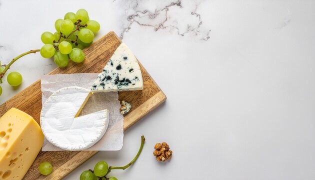 Elegant cheese platter with a variety of gourmet cheeses, fresh green grapes, and walnuts on a wooden board against a white marble background
