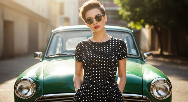 Fototapeta Woman standing in front of vintage car
