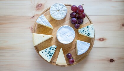 A delicious circular arrangement of assorted gourmet cheeses including brie and blue cheese, accompanied by red grapes on a rustic wooden serving board