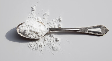 Photograph of White Powder on Metal Spoon Against Light Grey Background