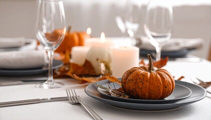 Thanksgiving Table Decor with Autumn Theme,Beautiful Thanksgiving table setting with pumpkins, candles, autumn leaves, rustic style.