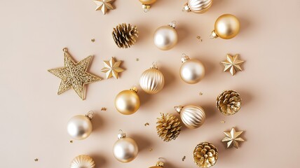 Elegant Christmas Ornaments in Gold and White on Beige Background. made with generative Ai
