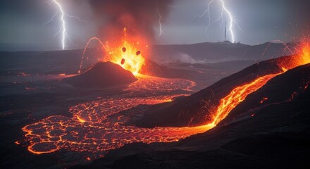 Volcanic Eruption with Lightning Strikes - A Dramatic Natural Display.
