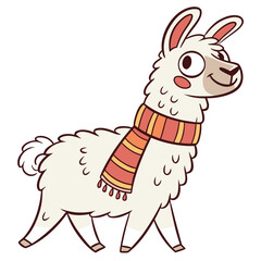 Fototapeta premium Cartoon llama wearing a striped scarf standing sideways view