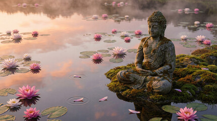 Serene buddha statue meditating in a tranquil lotus pond at sunrise, reflecting peace and spirituality