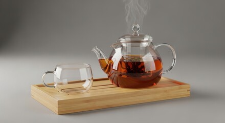 Elegant Tea Service - Glass Teapot and Cup on Wooden Tray.
