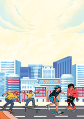 Four diverse young people skateboarding in an urban city park with skyscrapers in the background