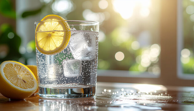 Refreshing glass of sparkling water with lemon slice and ice cubes. - Powered by Adobe