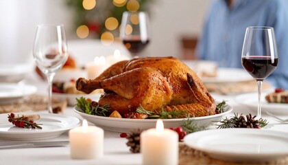 Traditional Thanksgiving Family Dinner,A warm Thanksgiving family dinner table with roasted turkey, candles, autumn decorations, cozy atmosphere, realistic 4K