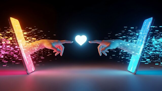 Digital connection concept with two hands reaching from smartphones towards a glowing heart