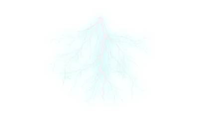 Abstract lightning bolt design with a dynamic light blue energy field and white branching electric currents, isolated on a transparent background.