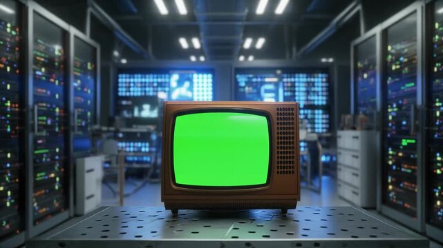 Retro CRT monitor inside futuristic server room.