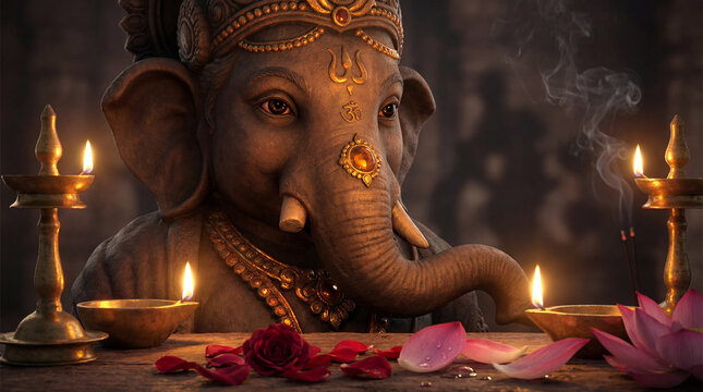 Lord ganesha idol with traditional oil lamps, rose petals, and lotus, symbolizing devotion and reverence
