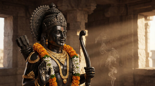 Lord rama statue in a temple, adorned with garlands, holding a bow, with light rays streaming in