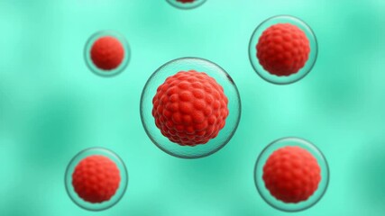 3D Rendering of Red Biological Cells or Viruses Floating in Teal Microscopic Environment - Powered by Adobe