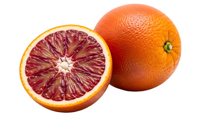 Whole and halved blood orange fruit isolated on transparent background