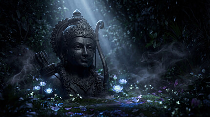 Mystical statue of lord rama in a dark enchanted forest with ethereal light and glowing flowers
