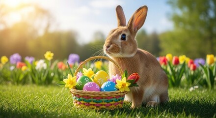 A brown rabbit with Easter eggs in a basket on a grassy field with colorful flowers.