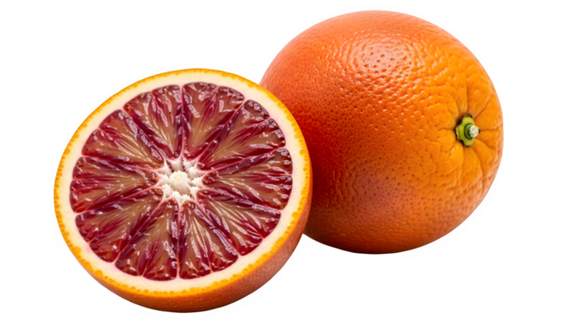 Whole and halved blood orange fruit isolated on transparent background