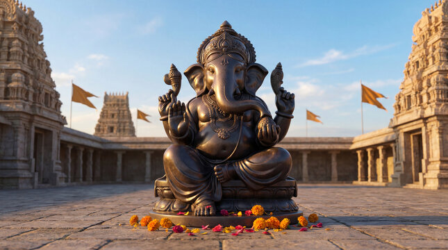 Magnificent statue of lord ganesha, the elephantheaded hindu deity, seated in a traditional temple courtyard
