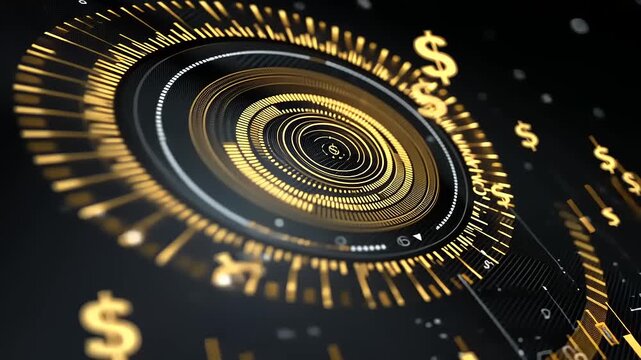 Abstract digital representation of financial growth with circular patterns and golden dollar signs