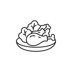 Fototapeta premium Lettuce salad on the plate with meat, fish, chicken drumsticks icon set. Healthy food icons. Healthy diet concept. Vector Illustration.