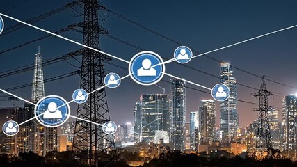 City skyline at night with power lines and digital icons representing connectivity and networking - Powered by Adobe