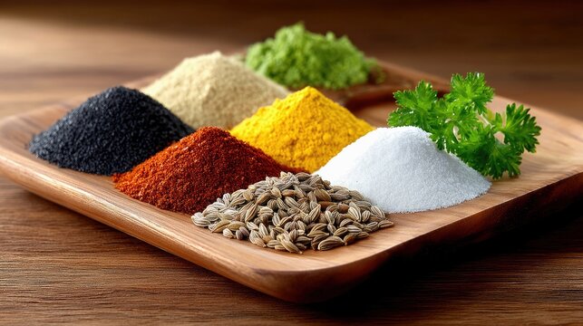 A wooden platter holds seven small piles of different spices and herbs, including black pepper, paprika, turmeric, cumin seeds, salt, and green herbs, arranged - Powered by Adobe